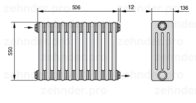 Схема (чертеж) Радиатор Zehnder Charleston 4055/11 №1670 Белый глянцевый RAL 9016